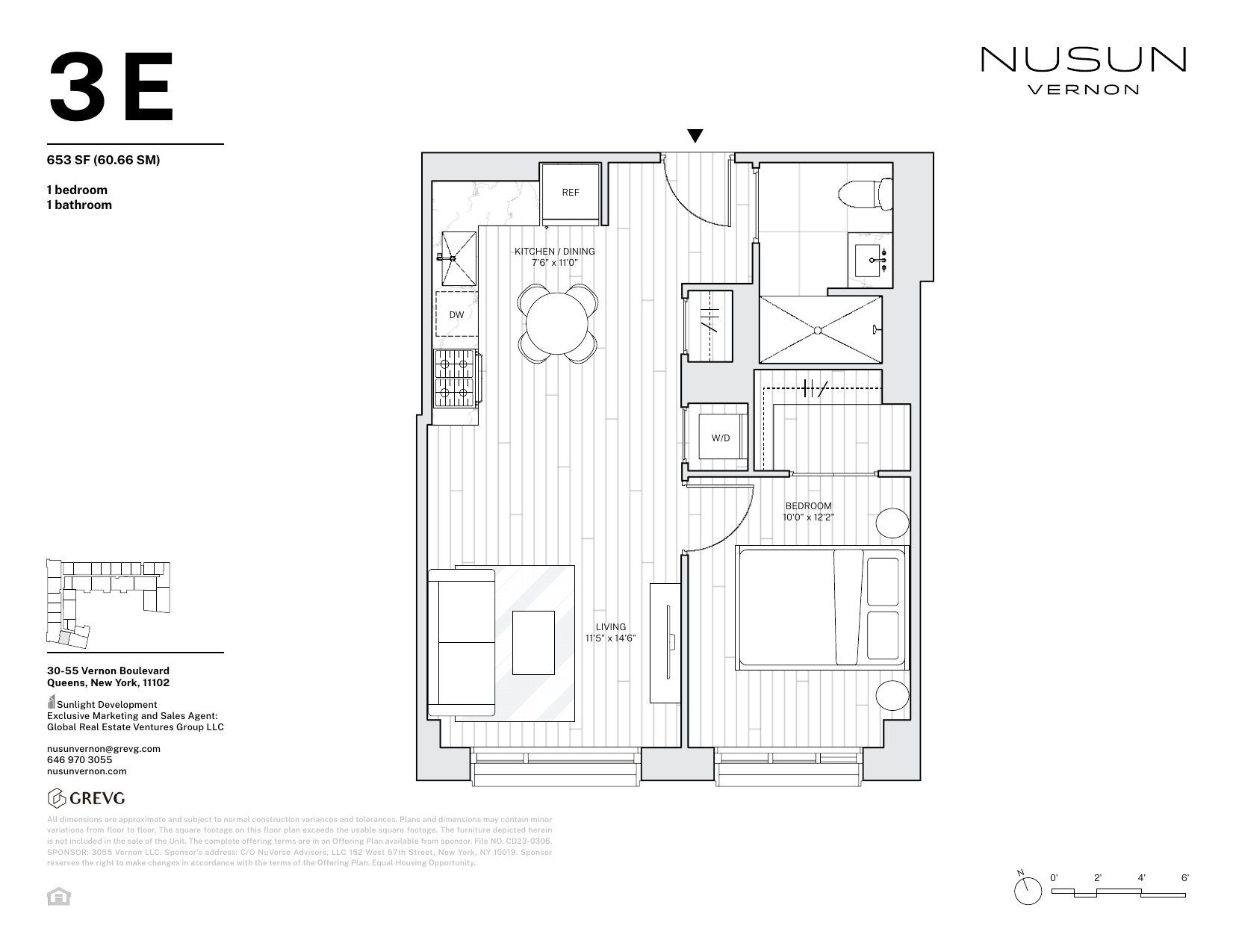 Unit 3E Floor Plan - 653 SF, 1 Bedroom, 1 Bathroom with Southwest Exposure